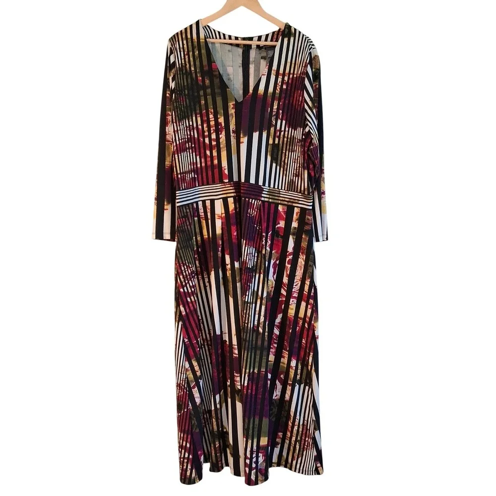 Ashley Stewart Plus Size Maxi Dress 22/24 Striped Floral Boho Wedding Guest - Picture 2 of 12